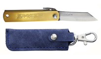 Higonokami Folder Brass Blue Paper Steel Blue Suede Pouch